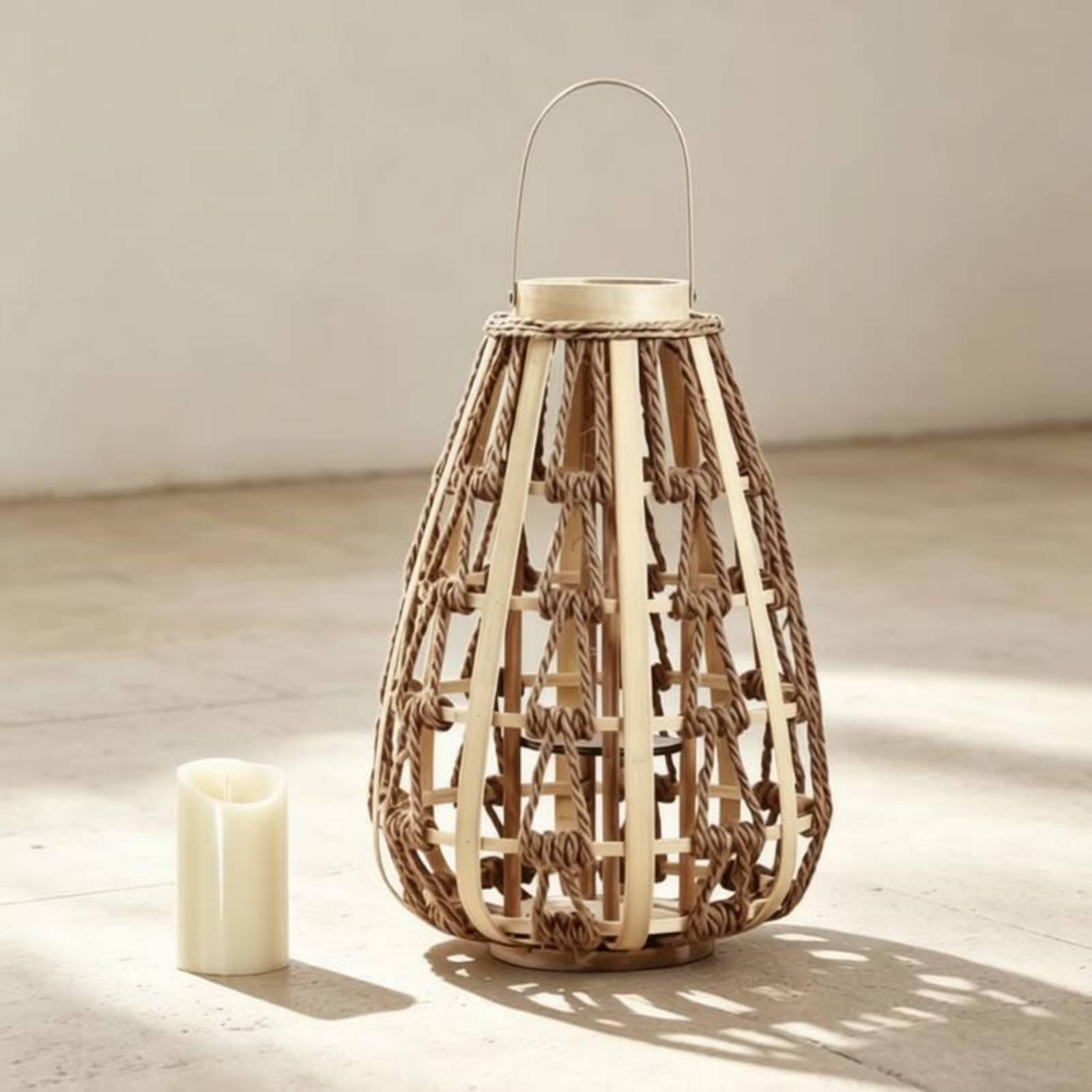 Candle Holder Decor - Doğal Ahşap Halat Fener Mumluk El